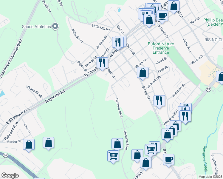 map of restaurants, bars, coffee shops, grocery stores, and more near 550 South Street in Buford