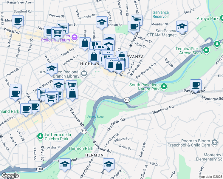 map of restaurants, bars, coffee shops, grocery stores, and more near 6417 La Riba Way in Los Angeles