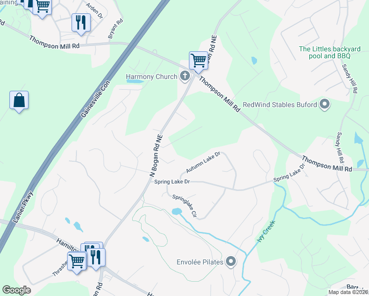 map of restaurants, bars, coffee shops, grocery stores, and more near 2871 North Bogan Road Northeast in Buford