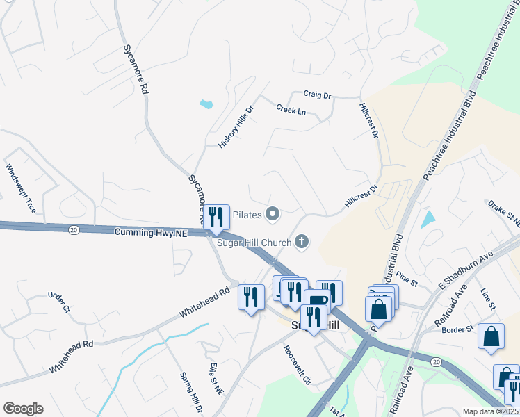 map of restaurants, bars, coffee shops, grocery stores, and more near 1140 Hillcrest Glenn Circle in Sugar Hill