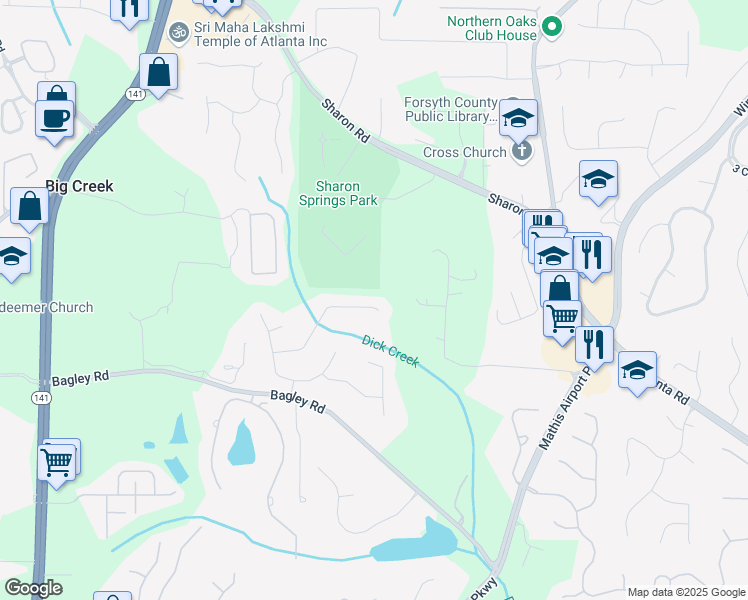map of restaurants, bars, coffee shops, grocery stores, and more near 2555 Stonevalley Lane in Cumming