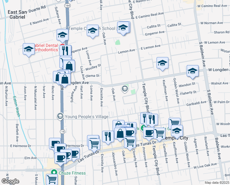 map of restaurants, bars, coffee shops, grocery stores, and more near 6248 Oak Avenue in Temple City