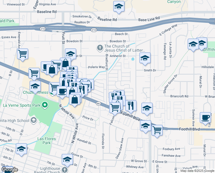 map of restaurants, bars, coffee shops, grocery stores, and more near 3800 Bradford Street in La Verne