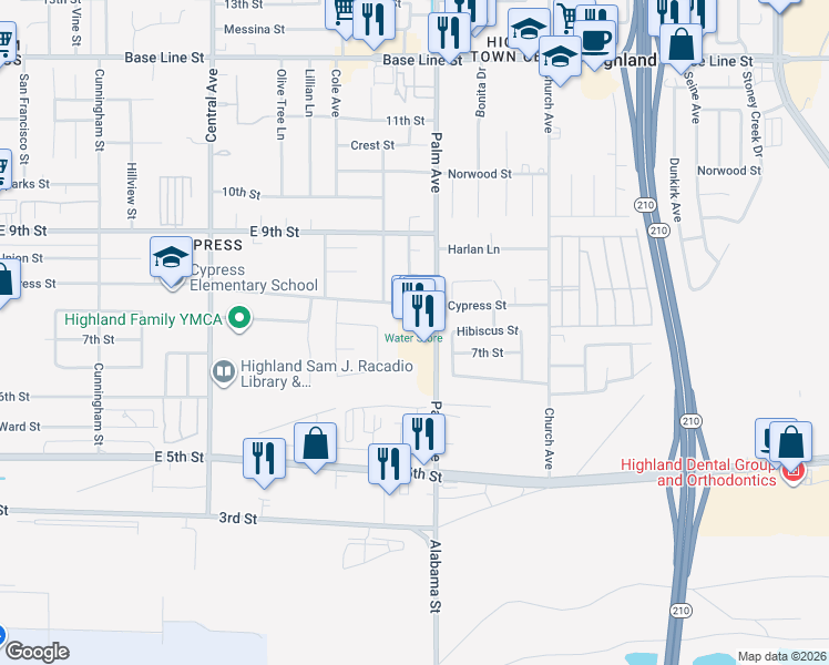 map of restaurants, bars, coffee shops, grocery stores, and more near 7750 Palm Avenue in Highland