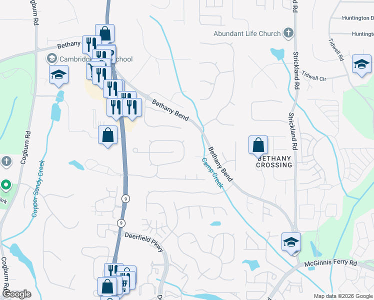 map of restaurants, bars, coffee shops, grocery stores, and more near 13578 Weycroft Circle in Alpharetta