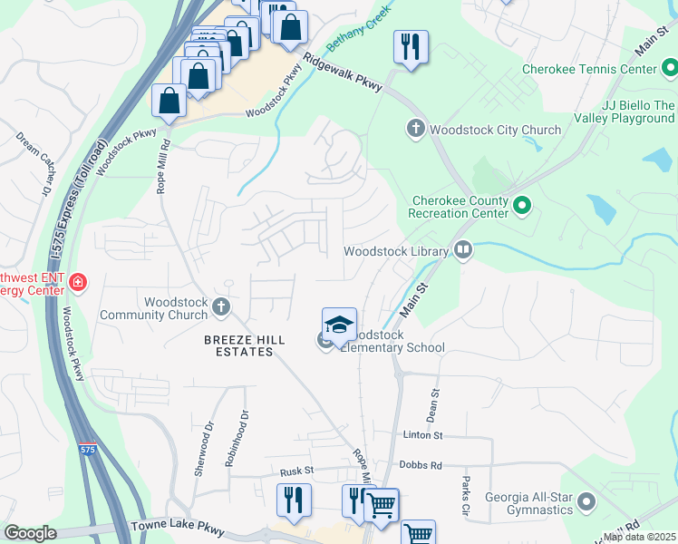 map of restaurants, bars, coffee shops, grocery stores, and more near 138 Whitfield Way in Woodstock