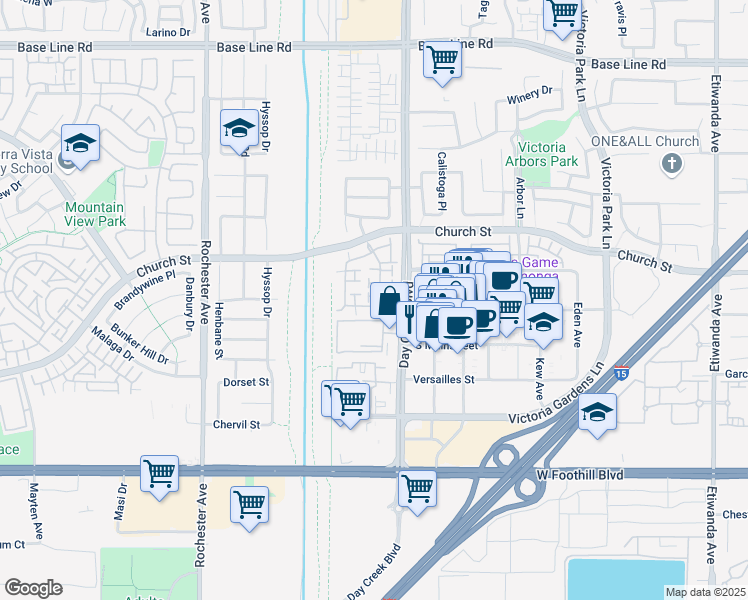 map of restaurants, bars, coffee shops, grocery stores, and more near 7736 Hess Place in Rancho Cucamonga