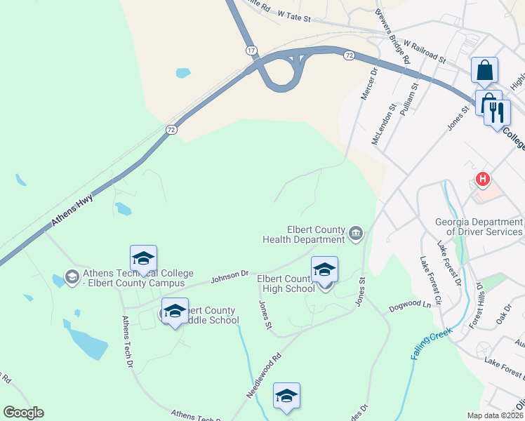 map of restaurants, bars, coffee shops, grocery stores, and more near 871 Mercer Drive in Elberton