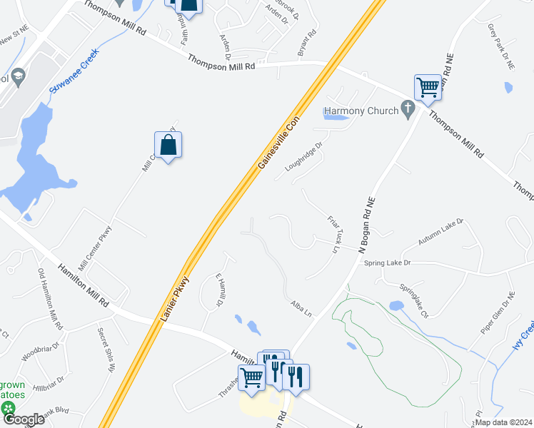 map of restaurants, bars, coffee shops, grocery stores, and more near 2702 King Arthur Court in Buford
