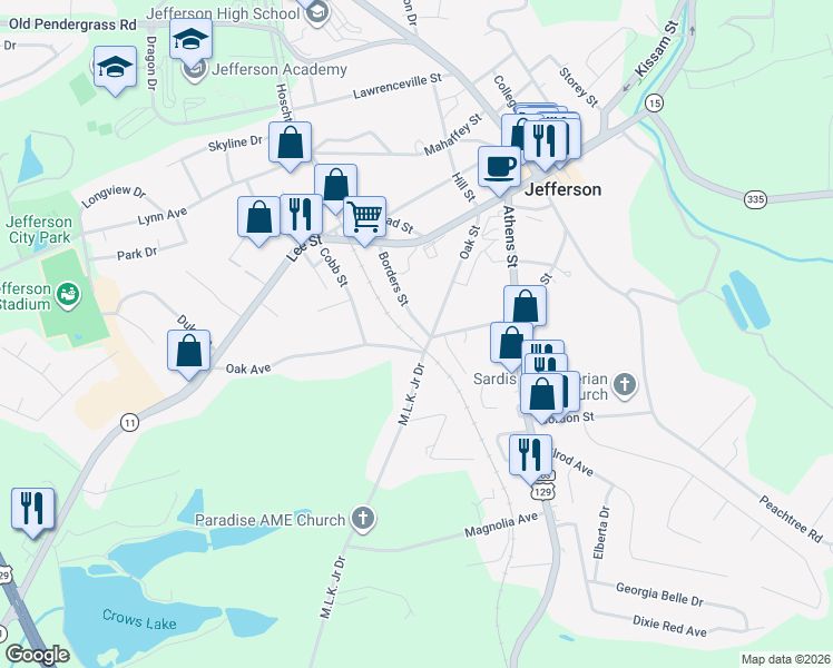map of restaurants, bars, coffee shops, grocery stores, and more near 225 Borders Street in Jefferson