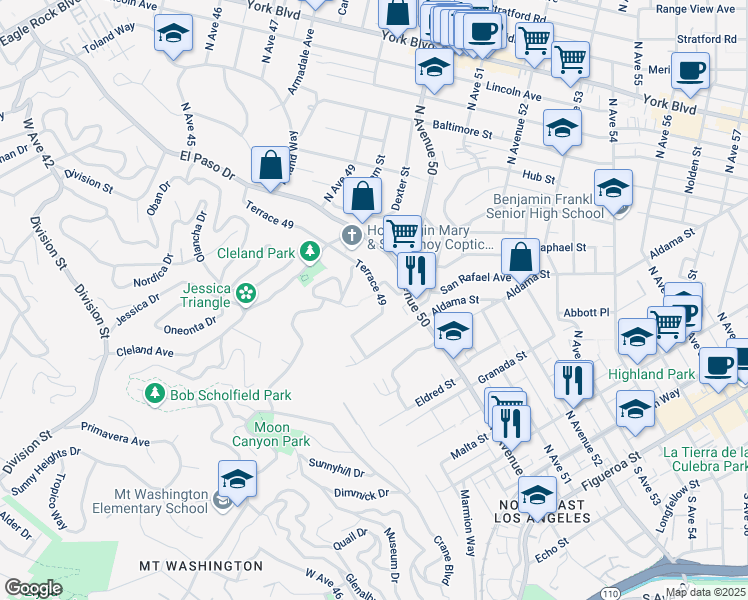 map of restaurants, bars, coffee shops, grocery stores, and more near 793 Terrace 49 in Los Angeles