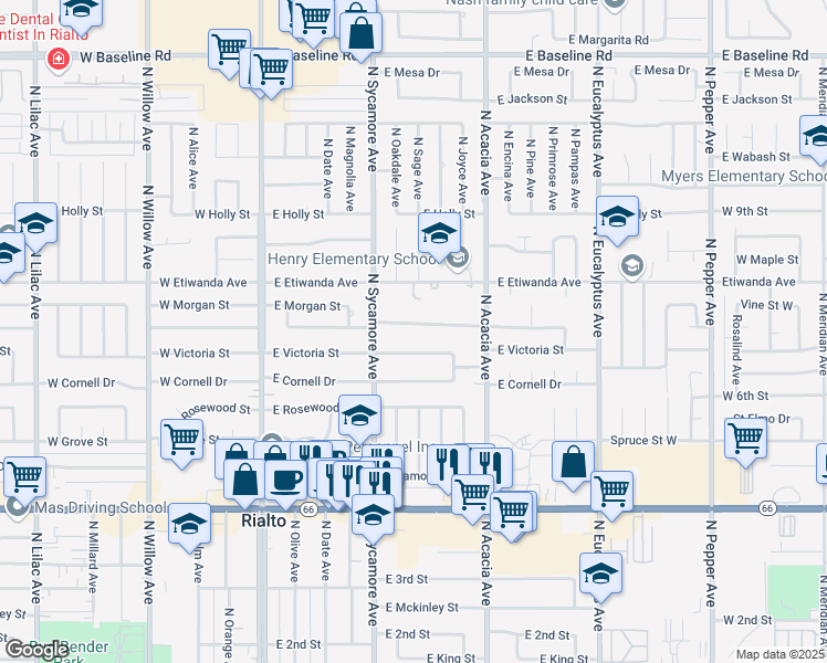 map of restaurants, bars, coffee shops, grocery stores, and more near 369 East Van Koevering Street in Rialto