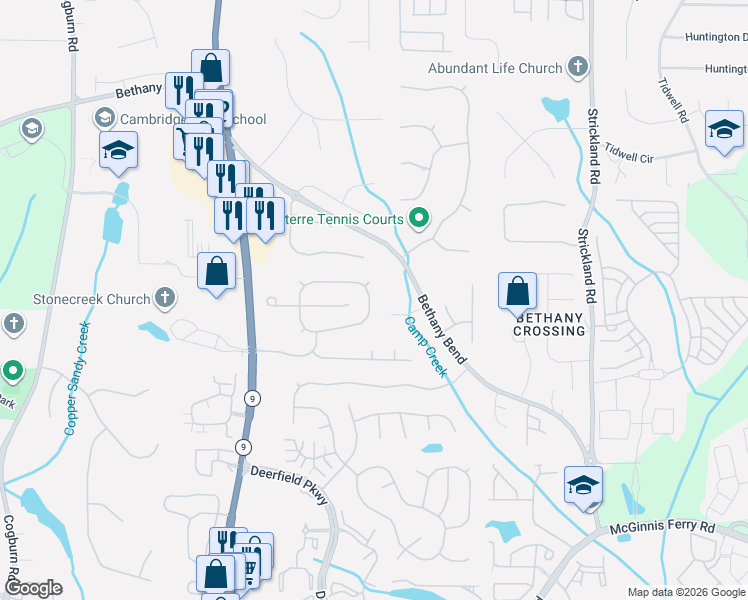 map of restaurants, bars, coffee shops, grocery stores, and more near 13564 Weycroft Circle in Alpharetta