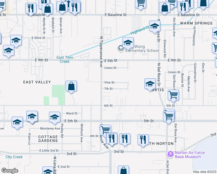 map of restaurants, bars, coffee shops, grocery stores, and more near 24975 Vine Street in San Bernardino