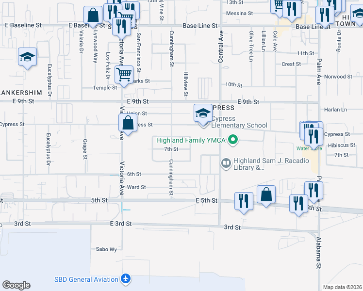 map of restaurants, bars, coffee shops, grocery stores, and more near 26759 Hibiscus Street in Highland