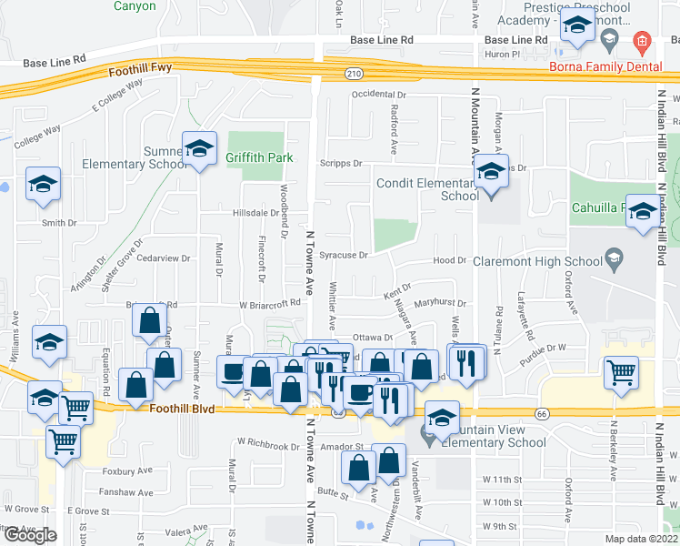 map of restaurants, bars, coffee shops, grocery stores, and more near 1562 Whittier Avenue in Claremont