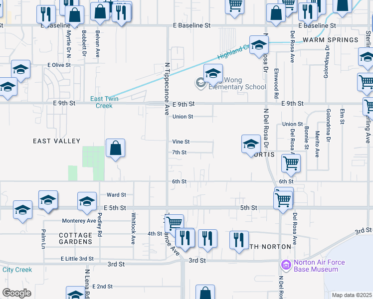 map of restaurants, bars, coffee shops, grocery stores, and more near 24976 7th Street in San Bernardino