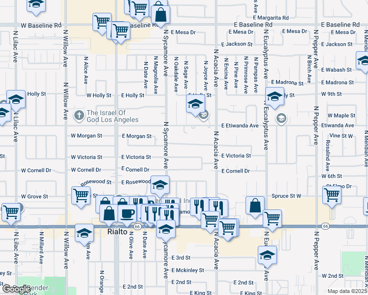 map of restaurants, bars, coffee shops, grocery stores, and more near 369 East Van Koevering Street in Rialto