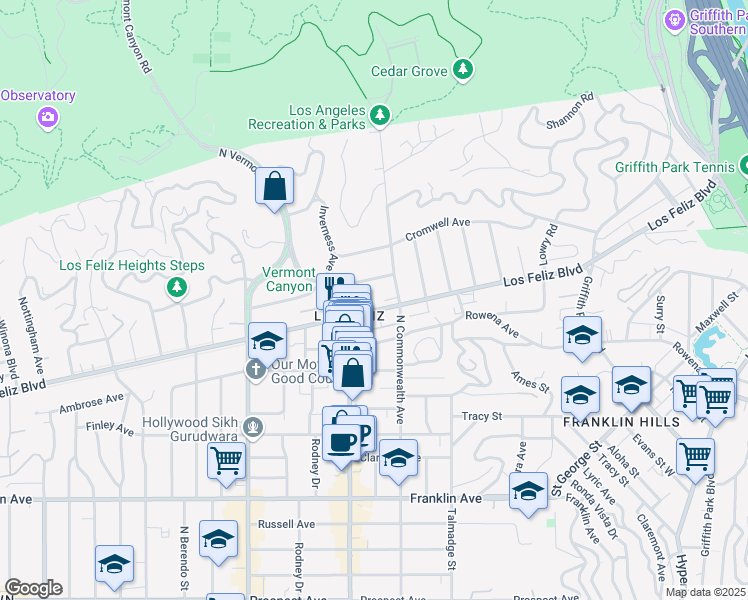 map of restaurants, bars, coffee shops, grocery stores, and more near 4440 Gainsborough Avenue in Los Angeles