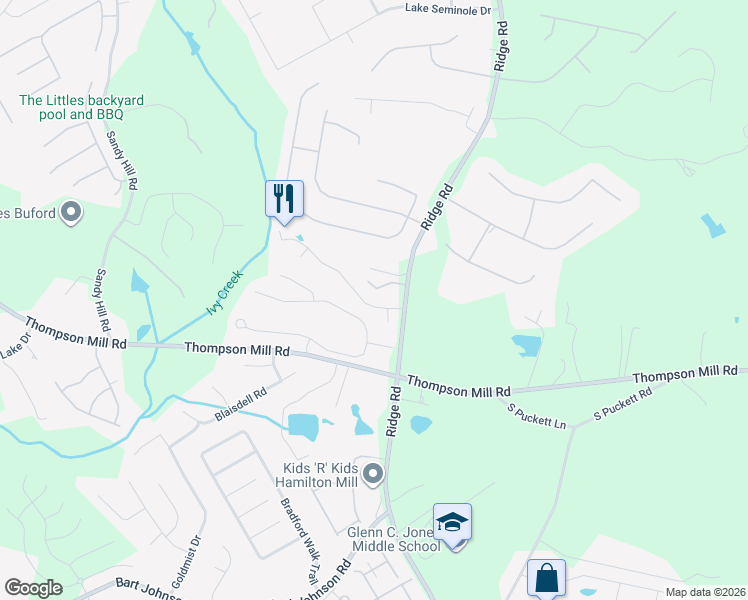 map of restaurants, bars, coffee shops, grocery stores, and more near 3835 Portico Run Drive Northeast in Buford