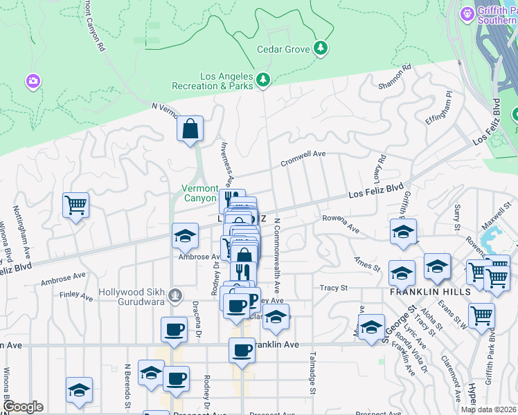 map of restaurants, bars, coffee shops, grocery stores, and more near 4455 Los Feliz Boulevard in Los Angeles