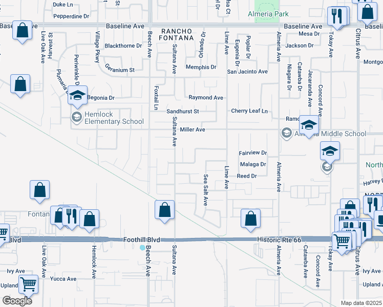 map of restaurants, bars, coffee shops, grocery stores, and more near 7792 Johnson Way in Fontana