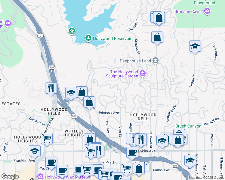 map of restaurants, bars, coffee shops, grocery stores, and more near 6345 Bryn Mawr Drive in Los Angeles