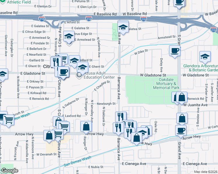 map of restaurants, bars, coffee shops, grocery stores, and more near 5505 North Traymore Avenue in Covina