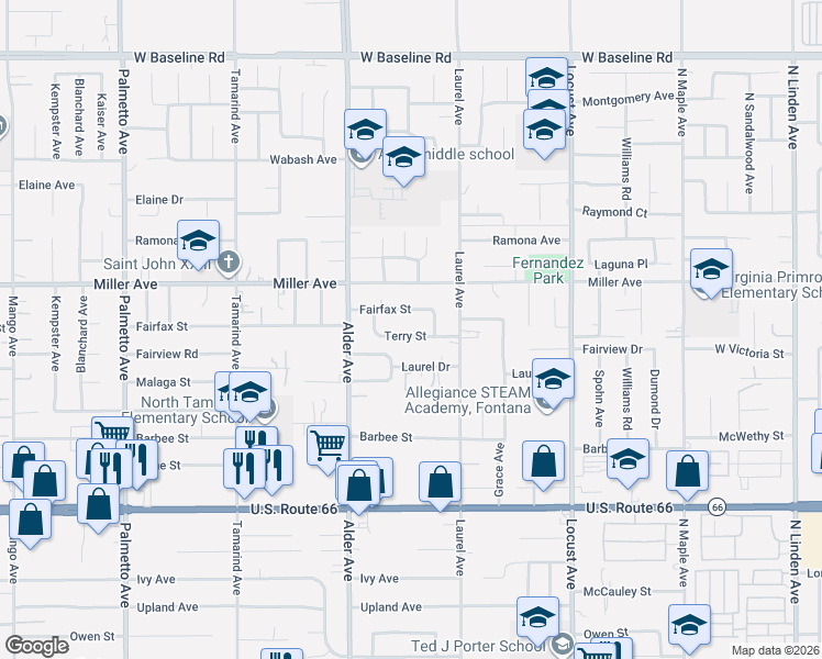 map of restaurants, bars, coffee shops, grocery stores, and more near 17831 Fairfax Street in Fontana
