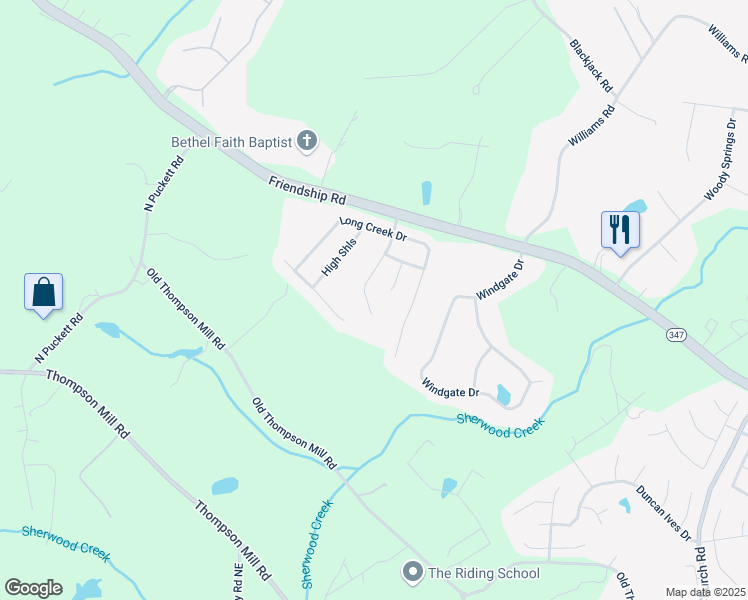 map of restaurants, bars, coffee shops, grocery stores, and more near 3356 Sandy Branch Drive Northeast in Buford