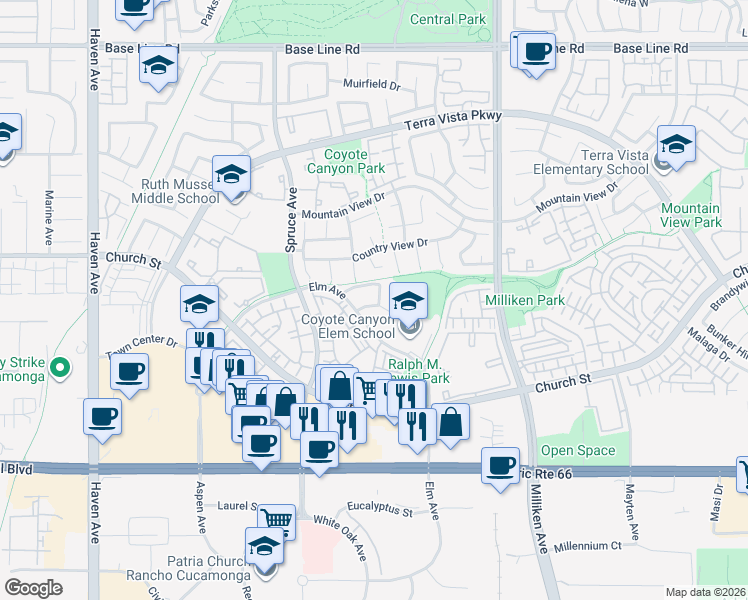 map of restaurants, bars, coffee shops, grocery stores, and more near 11039 Meyers Drive in Rancho Cucamonga