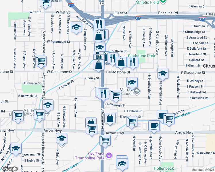 map of restaurants, bars, coffee shops, grocery stores, and more near 170 East Payson Street in Azusa