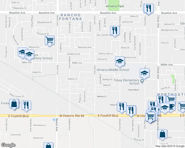 map of restaurants, bars, coffee shops, grocery stores, and more near 15578 Cleveland Drive in Fontana