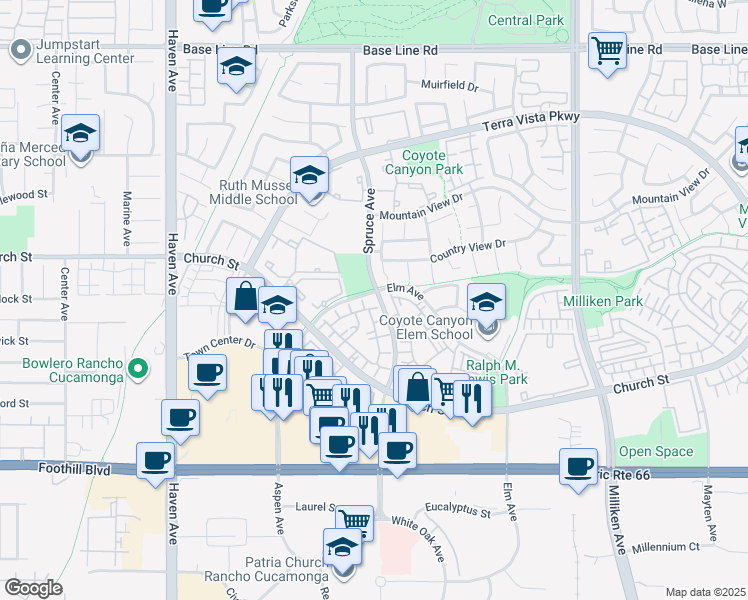 map of restaurants, bars, coffee shops, grocery stores, and more near 7761 Elm Avenue in Rancho Cucamonga