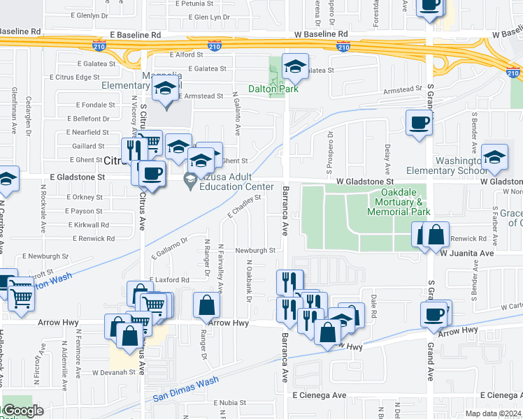 map of restaurants, bars, coffee shops, grocery stores, and more near 5505 North Traymore Avenue in Covina