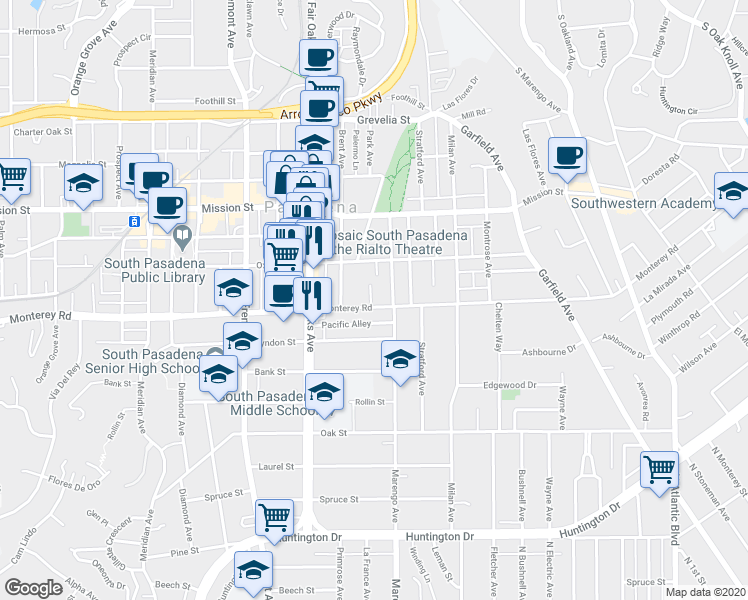 map of restaurants, bars, coffee shops, grocery stores, and more near 1120 Donaldo Court in South Pasadena