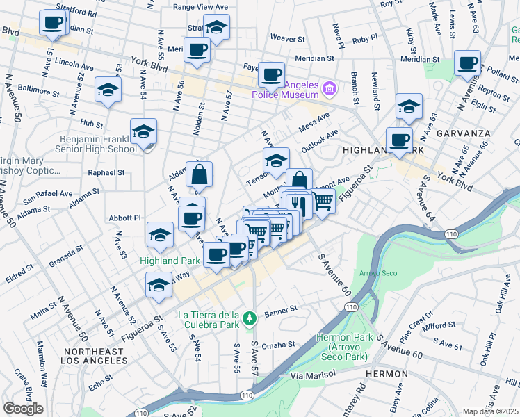 map of restaurants, bars, coffee shops, grocery stores, and more near 5901 Monte Vista Street in Los Angeles