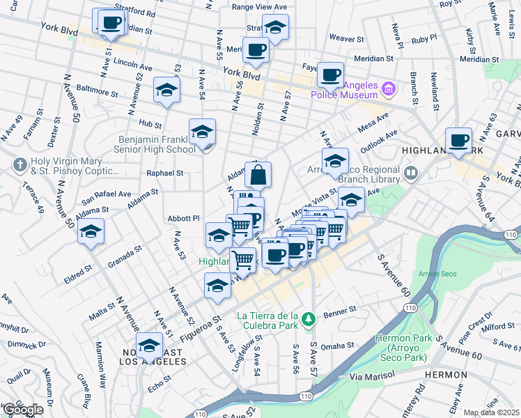 map of restaurants, bars, coffee shops, grocery stores, and more near 5636 Ash Street in Los Angeles