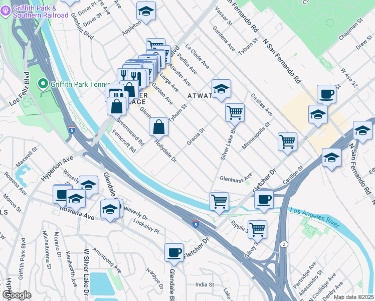 map of restaurants, bars, coffee shops, grocery stores, and more near 3311 Glenhurst Avenue in Los Angeles