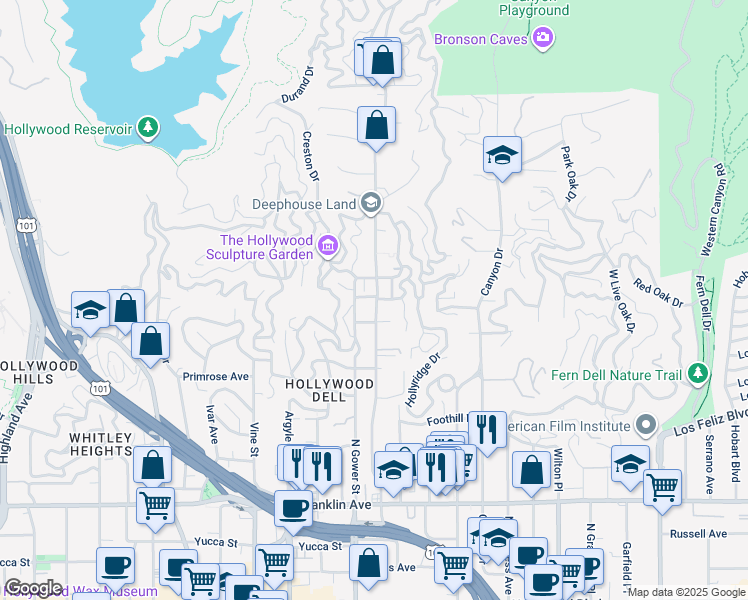 map of restaurants, bars, coffee shops, grocery stores, and more near 2327 North Beachwood Drive in Los Angeles