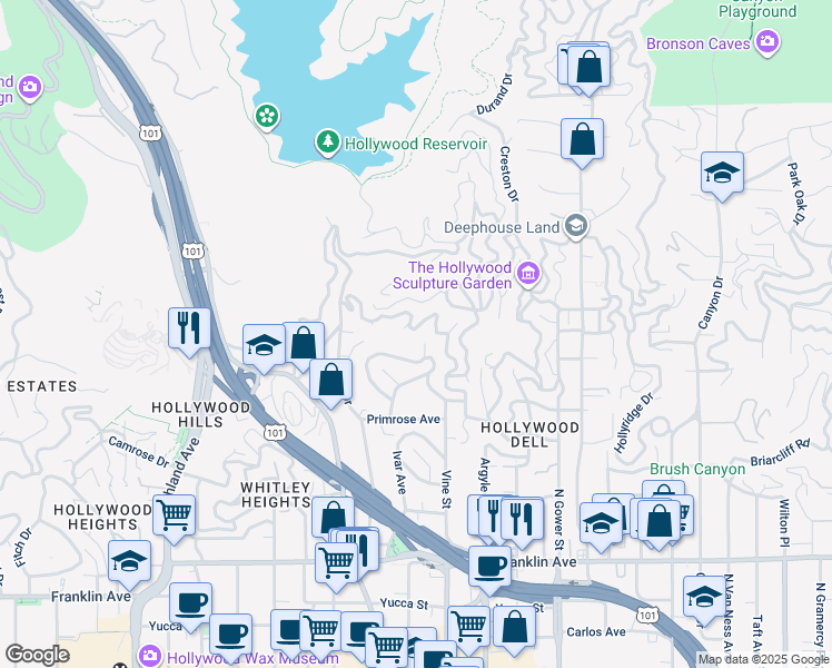 map of restaurants, bars, coffee shops, grocery stores, and more near 6345 Bryn Mawr Drive in Los Angeles