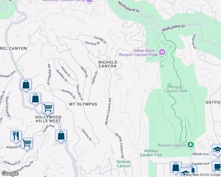 map of restaurants, bars, coffee shops, grocery stores, and more near 2300 Nichols Canyon Road in Los Angeles