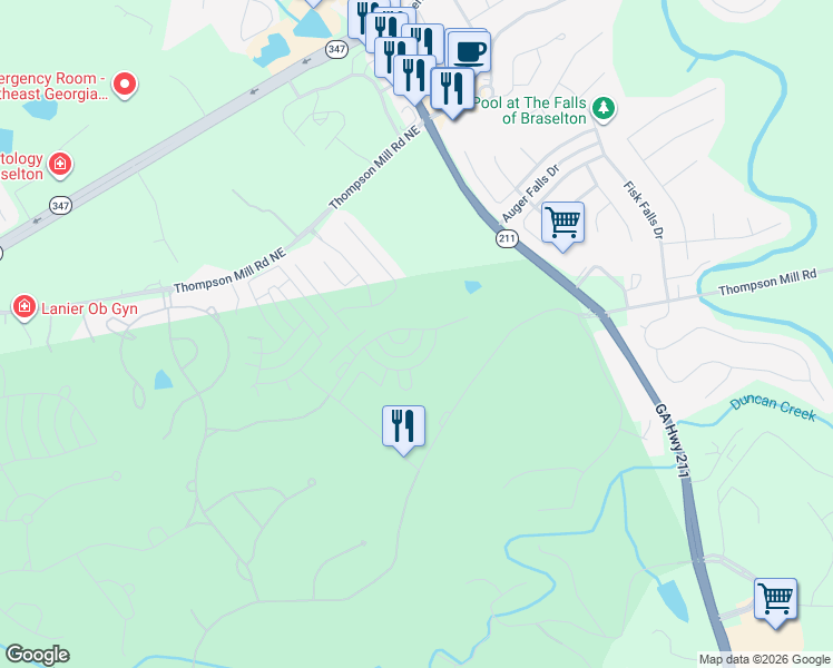 map of restaurants, bars, coffee shops, grocery stores, and more near 6052 Allee Way in Braselton