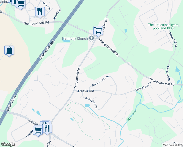 map of restaurants, bars, coffee shops, grocery stores, and more near South Bogan Road in Buford