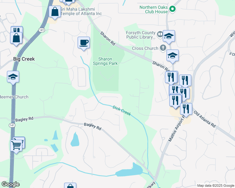 map of restaurants, bars, coffee shops, grocery stores, and more near 2555 Stonevalley Lane in Cumming