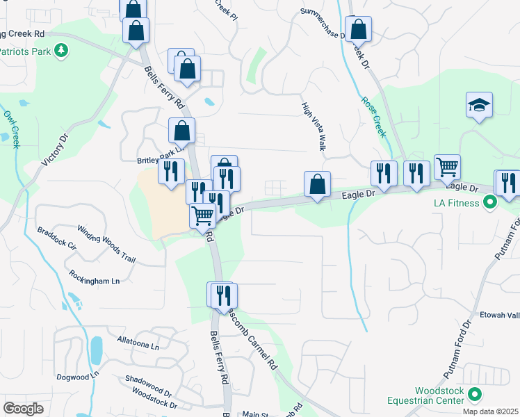 map of restaurants, bars, coffee shops, grocery stores, and more near Eagle Drive in Woodstock