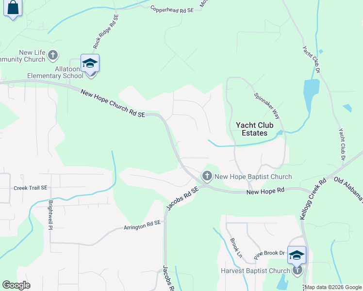 map of restaurants, bars, coffee shops, grocery stores, and more near 3948 New Hope Church Road Southeast in Acworth