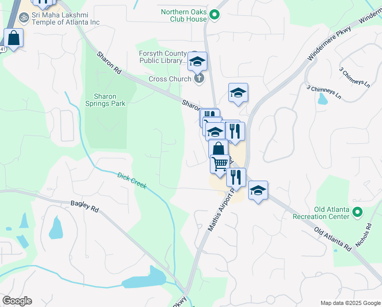 map of restaurants, bars, coffee shops, grocery stores, and more near 3355 Olivia Court in Cumming