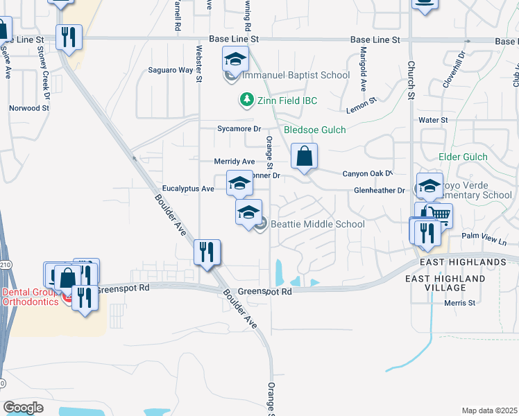 map of restaurants, bars, coffee shops, grocery stores, and more near 7700 Orange Street in Highland