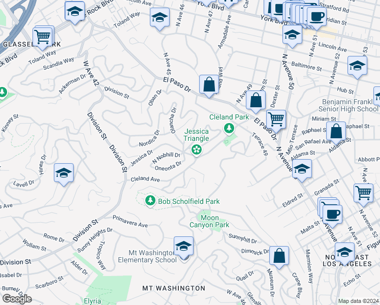 map of restaurants, bars, coffee shops, grocery stores, and more near 4713 Jessica Drive in Los Angeles